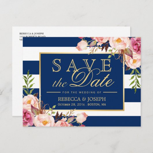 （USPSの場合）フローラネイビーストライプブルーの日付の保存 案内ポストカード (正面/裏面)