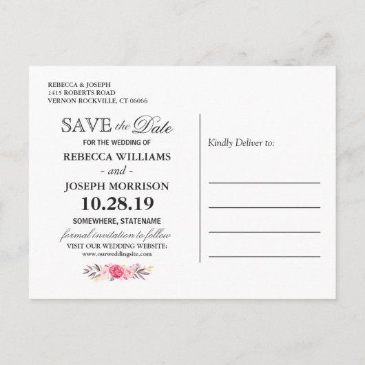 （USPSの場合）フローラネイビーストライプブルーの日付の保存 案内ポストカード (裏面)