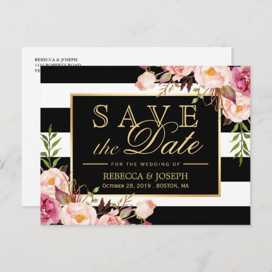 （USPSの場合）金ゴールドフローラストライプ黒い日付保存 案内ポストカード (正面/裏面)