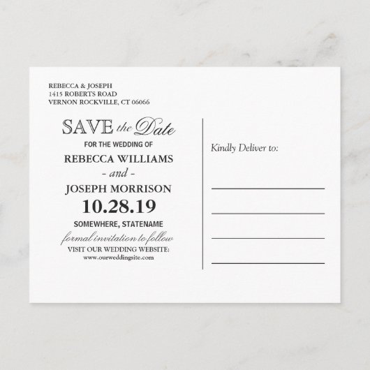 （USPSの場合）金ゴールドフローラストライプ黒い日付保存 案内ポストカード (裏面)