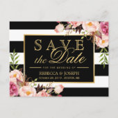 （USPSの場合）金ゴールドフローラストライプ黒い日付保存 案内ポストカード (正面)