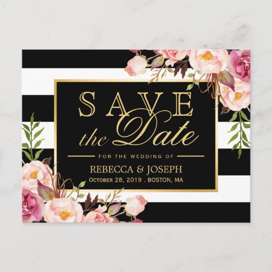 (USPSの場合)金ゴールドフローラストライプ黒い日付保存 案内ポストカード (正面)