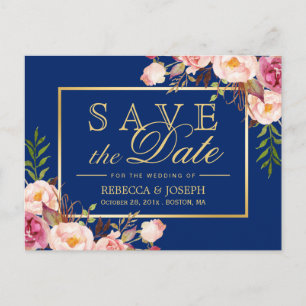 (USPS) ピンクの花模様 ゴールド ネイビーブルー Save the Date 案内ポストカード