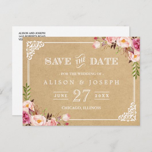 (USPS)素朴フローラクラフト結婚式の日付の保存 案内ポストカード (正面/裏面)