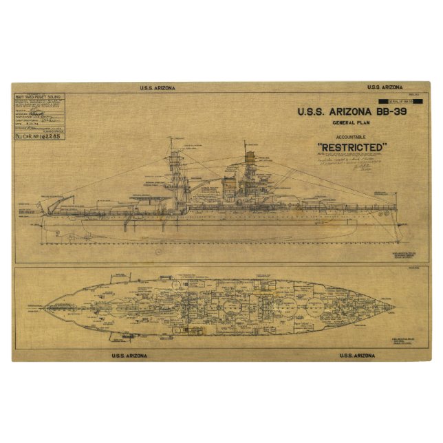 USSアリゾナ戦艦ブループリント1934 メタルプリント (正面)