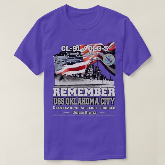 USSオクラホマシティーCL91 US海軍クルーザーを記憶 Tシャツ (デザイン正面)