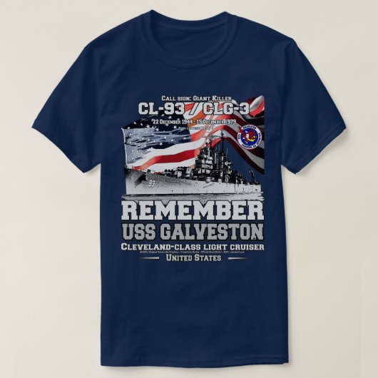 USSガルベストンCL93クルーザー海軍退役軍人 Tシャツ (デザイン正面)