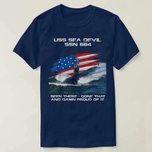 USSシーデビルSSN664アメリカ国旗の潜水艦ベーター Tシャツ (デザイン正面)