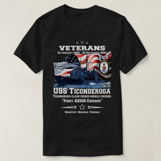 USSティコンデロガDDGCG47ガイドミサイルクルーザー Tシャツ (デザイン正面)