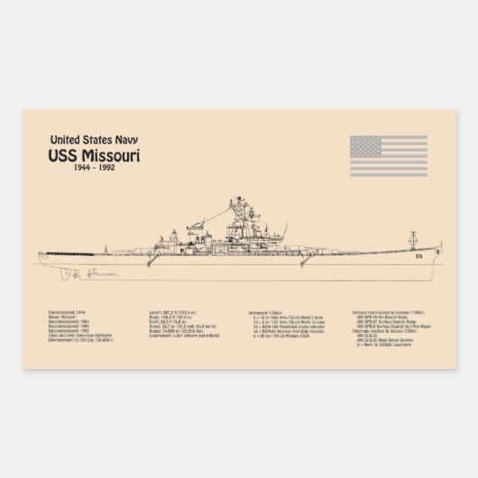 USSミズーリ – 船舶設計図プランSD 長方形シール (正面)