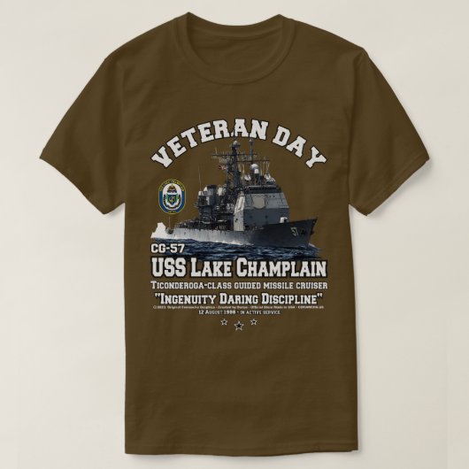 USSレイクシャンプレーンCG57ネイビークルーザー退役軍人 Tシャツ (デザイン正面)