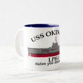 USS沖縄, LPH-3,カスタマイズ可能な日付を提供 ツートーンマグカップ (正面左)