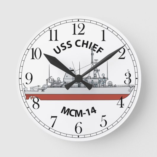 USS チーフ MCM-14 ラウンド壁時計 (正面)