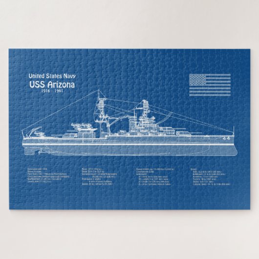 USS Arizona - Ship Blueprint Plans ABD ジグソーパズル (横)