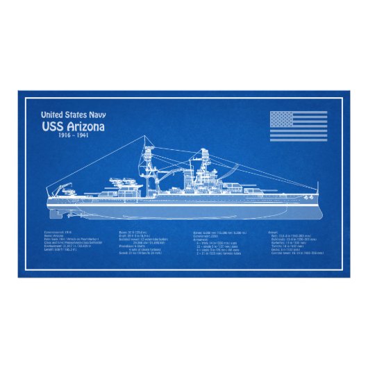 USS Arizona - Ship Blueprint Plans ABD フォトプリント (正面)