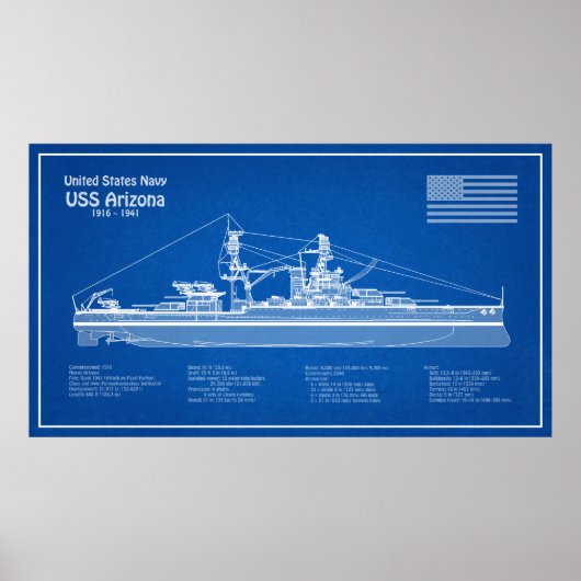 USS Arizona - Ship Blueprint Plans ABD ポスター (正面)