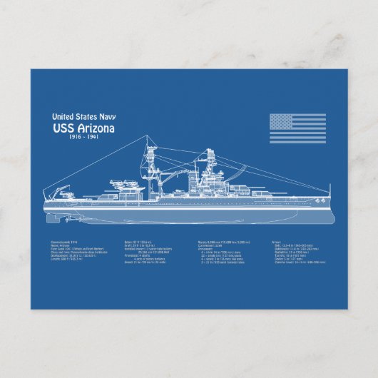 USS Arizona - Ship Blueprint Plans ABD ポストカード (正面)
