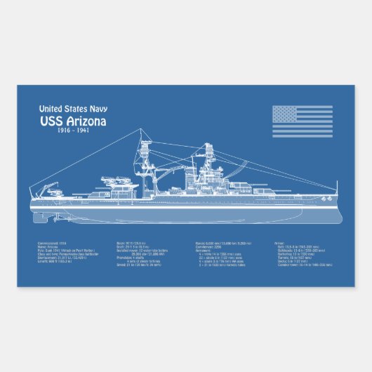 USS Arizona - Ship Blueprint Plans ABD 長方形シール (正面)