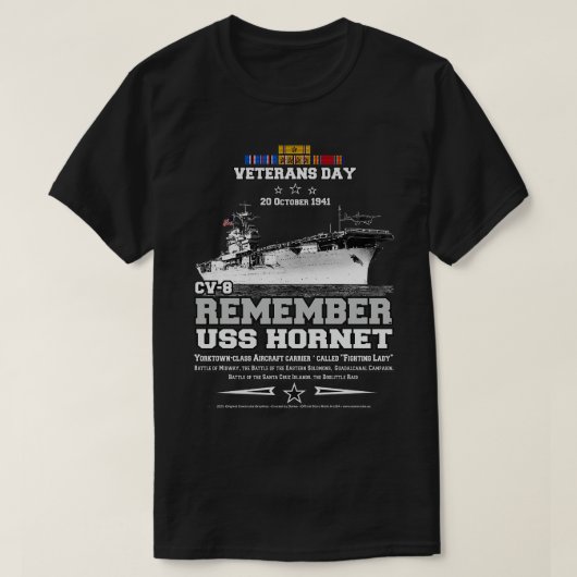 USS Hornet CV8航空機キャリアを記憶1 Tシャツ (デザイン正面)