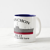 USS Inchon, LPH-12，カスタマイズ可能な日付を提供 ツートーンマグカップ (正面右)