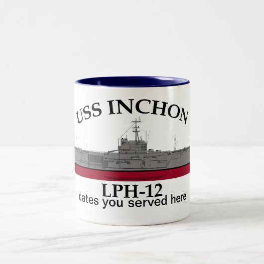 USS Inchon, LPH-12，カスタマイズ可能な日付を提供 ツートーンマグカップ (中央)