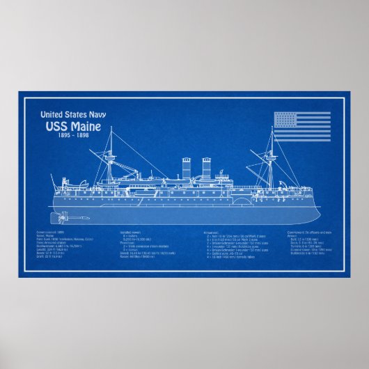 USS Maine - Ship Blueprint Plans ABD ポスター (正面)