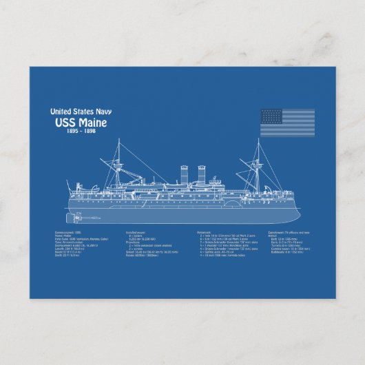 USS Maine - Ship Blueprint Plans ABD ポストカード (正面)