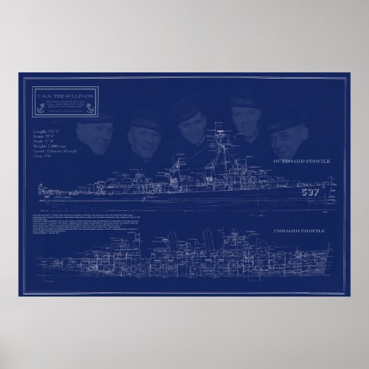 USS The Sullivans DD-537 Blueprint ポスター (正面)