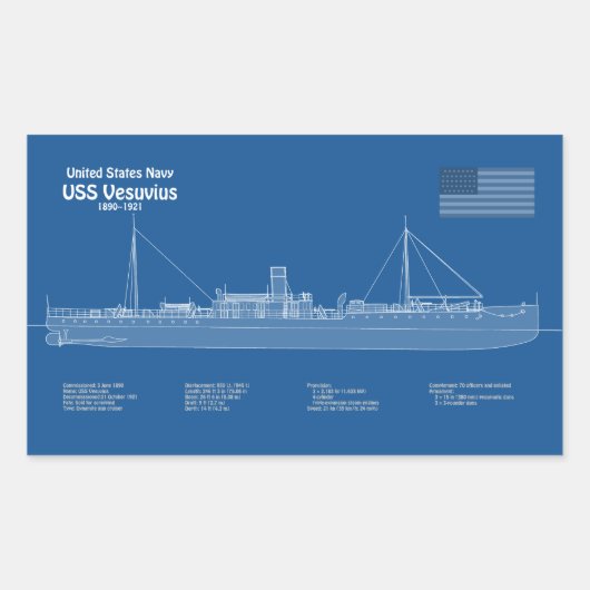 USS Vesuvius - Ship Blueprint Plans ABD 長方形シール (正面)