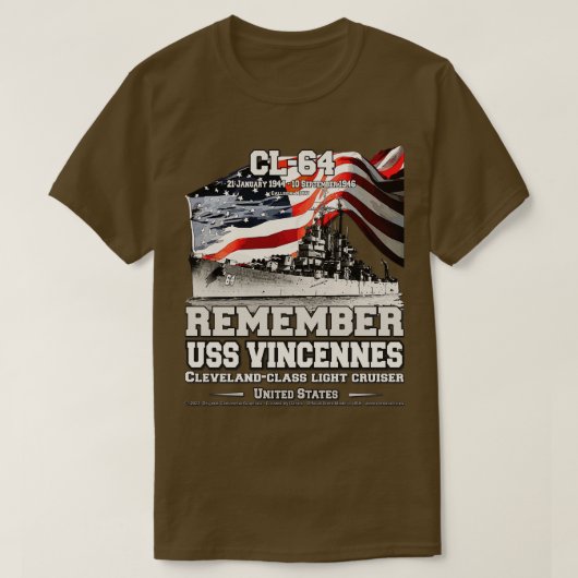 USS Vincennes CL64クルーザー海軍退役軍人を記憶 Tシャツ (デザイン正面)