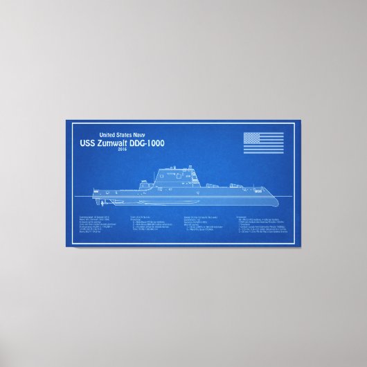 USS Zumwalt - Ship Blueprint Plans ABD キャンバスプリント (正面)