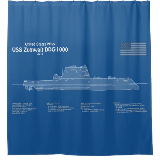 USS Zumwalt - Ship Blueprint Plans ABD シャワーカーテン (正面)
