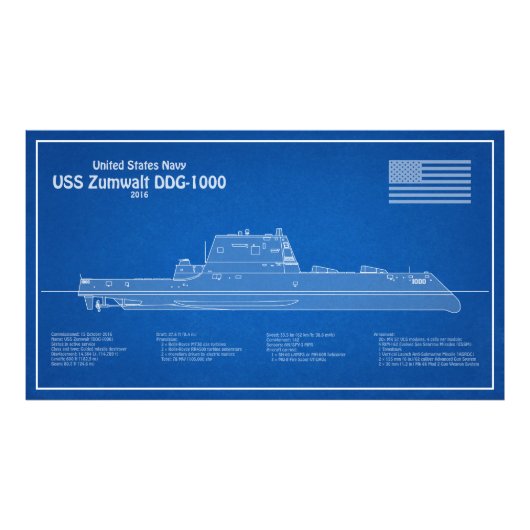 USS Zumwalt - Ship Blueprint Plans ABD フォトプリント (正面)
