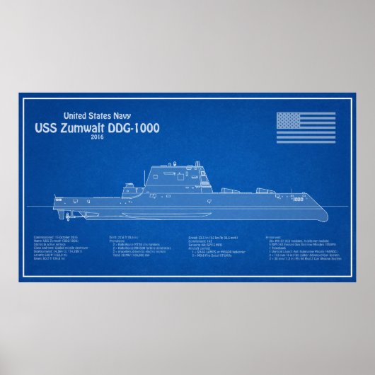 USS Zumwalt - Ship Blueprint Plans ABD ポスター (正面)