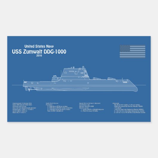 USS Zumwalt - Ship Blueprint Plans ABD 長方形シール (正面)