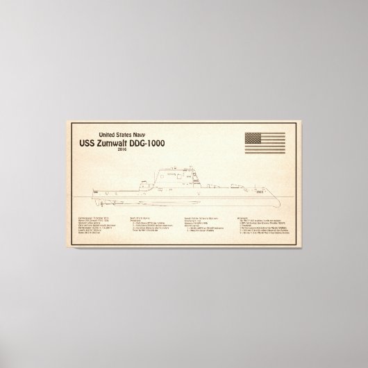 USS Zumwalt - Ship Blueprint Plans SD キャンバスプリント (正面)
