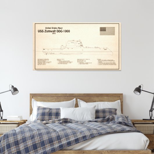 USS Zumwalt - Ship Blueprint Plans SD キャンバスプリント (インサイチュ (寝室))