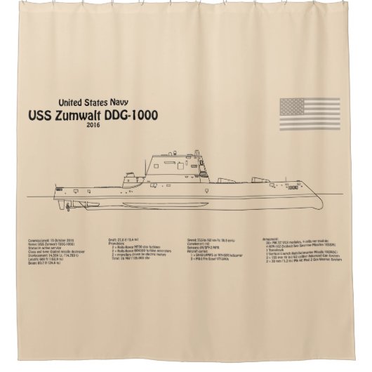 USS Zumwalt - Ship Blueprint Plans SD シャワーカーテン (正面)