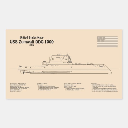 USS Zumwalt - Ship Blueprint Plans SD 長方形シール (正面)