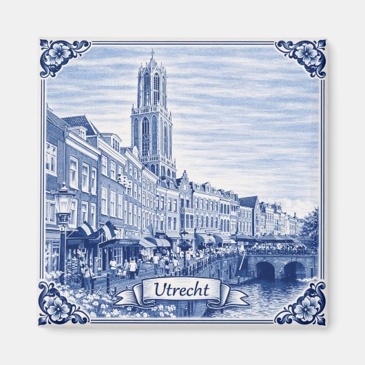 Utrecht canal houses Delft Blue style magnet マグネット (正面)