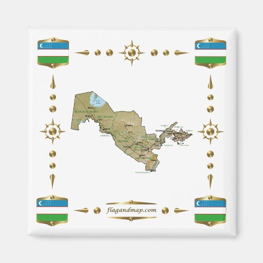 Uzbekistan Map + Flags Magnet マグネット (正面)