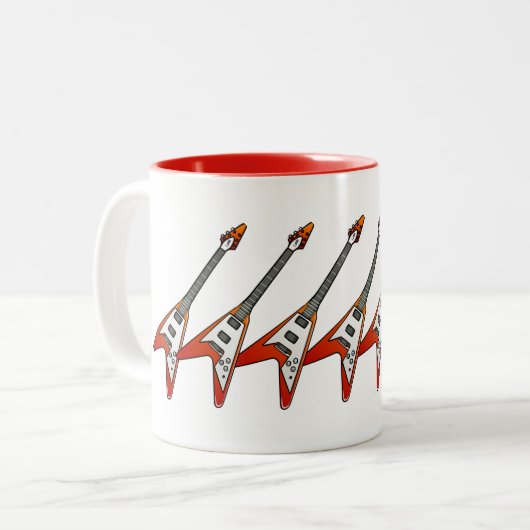 Vのギターの陶磁器のコーヒー・マグを飛ばしているギター奏者 ツートーンマグカップ (正面左)
