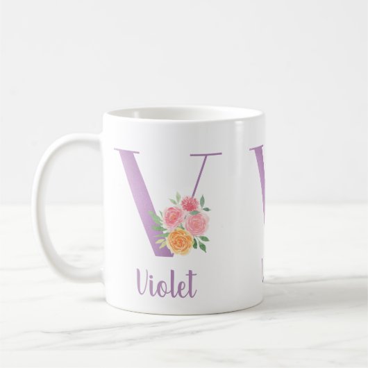 Vのモノグラム 紫の花の水彩画 オーダーメイド コーヒーマグカップ (左)