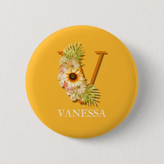 Vの文字のひまわりの花のモノグラムと名前 缶バッジ (正面)