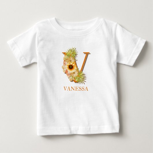 Vの文字のひまわり花モノグラム 名前入り ベビーTシャツ (正面)