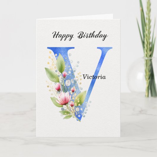 Vの誕生日 カスタム 名前 彼女 青 モノグラム カード (正面)