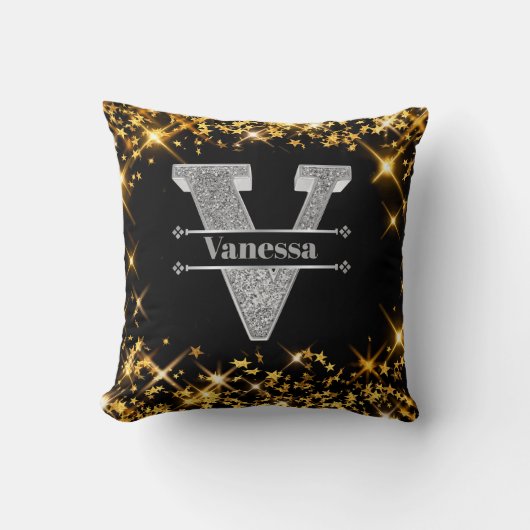 Vイニシャルパーソナライズされたシルバーモノグラムあなたの名前 クッション (正面)