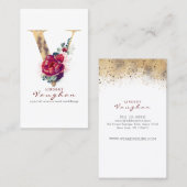 Vモノグラムブルゴーニュ赤い花と金ゴールドグリッター 名刺 (正面/裏面)