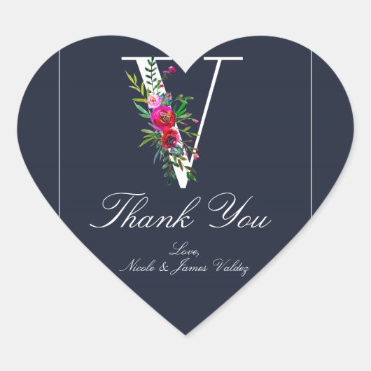 Vモノグラムラストイニシャルモダンブルーフローラ結婚ズ ハートシール (正面)