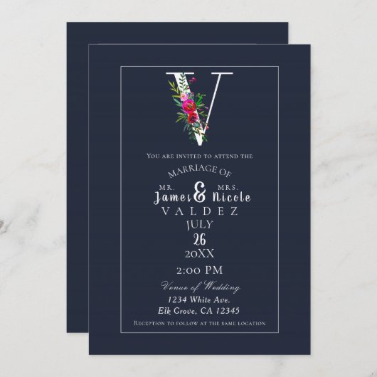 Vモノグラムラストイニシャルモダンブルーフローラ結婚ズ 招待状 (正面/裏面)